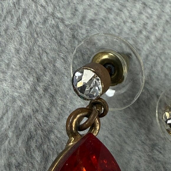 Vintage Gold-Tone Drop Pierced Earrings Red Teardrop Faux Gemstone Rhinestones - Picture 8 of 16